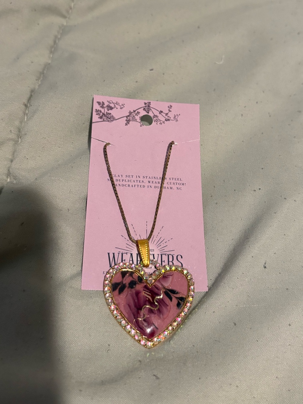 Weavers Pink Heart Pendant Necklace with Rhinestone Halo